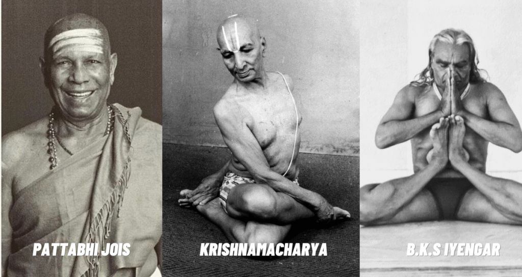 Maestros tradicionales del yoga realizando posturas en Mysore