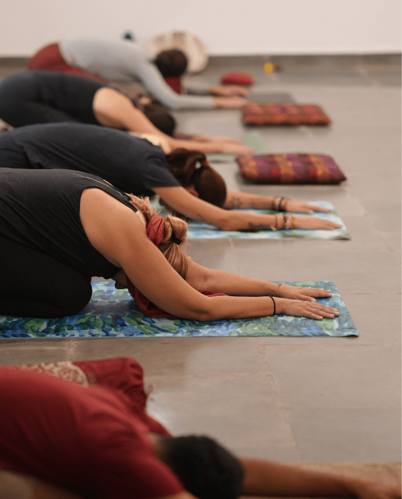 Clase de yoga grupal en postura de descanso durante una sesión consciente